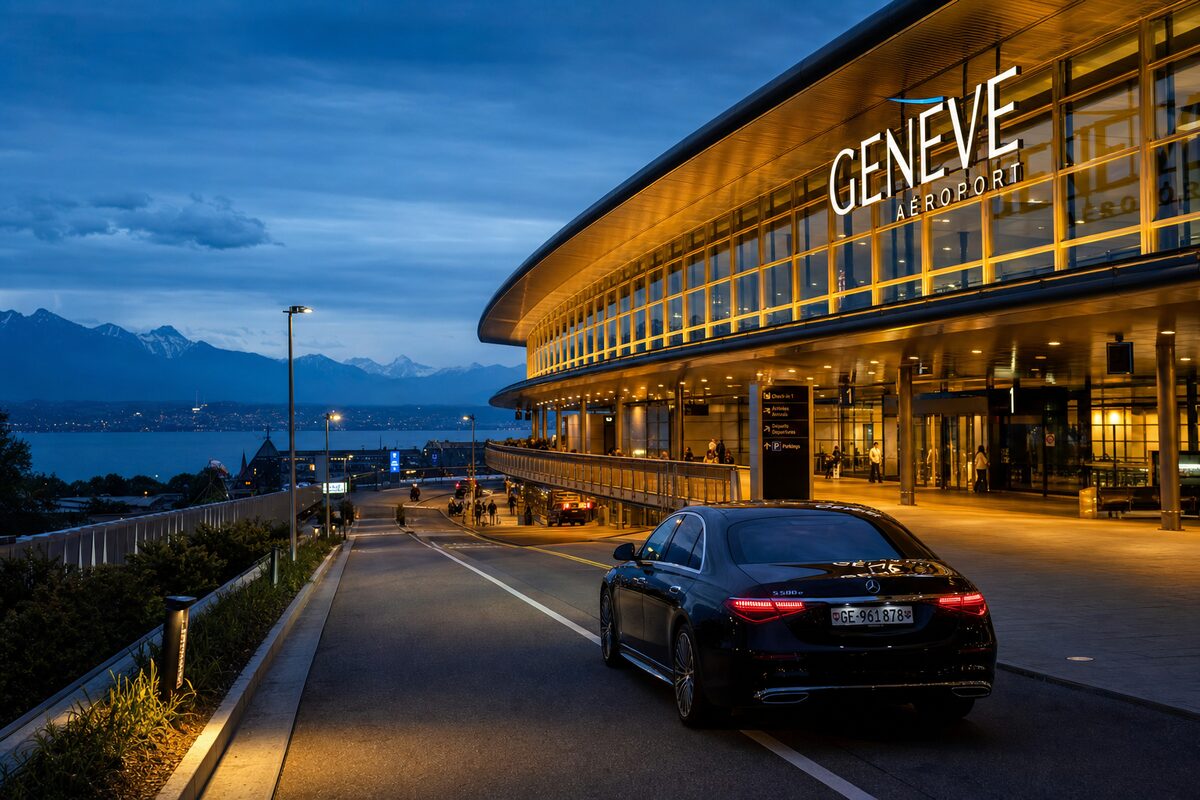 Flughafen Genf mit Genfersee bei Dämmerung