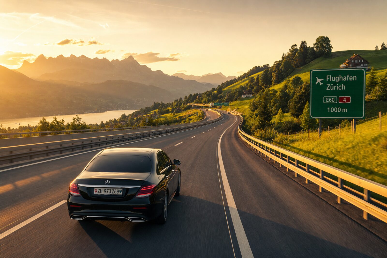 Premium-Fahrt auf einer Schweizer Autobahn Richtung Flughafen